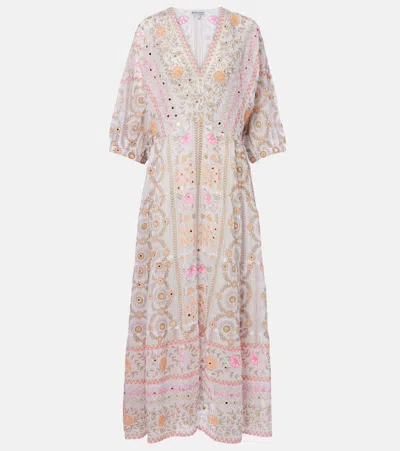 Juliet Dunn Embellished Floral Cotton Maxi Dress In Neutral
