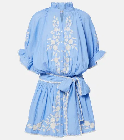 Juliet Dunn Embroidered Cotton Chambray Minidress In Blue