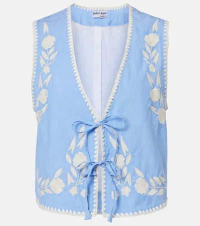 Juliet Dunn Embroidered Cotton Chambray Vest In Blue