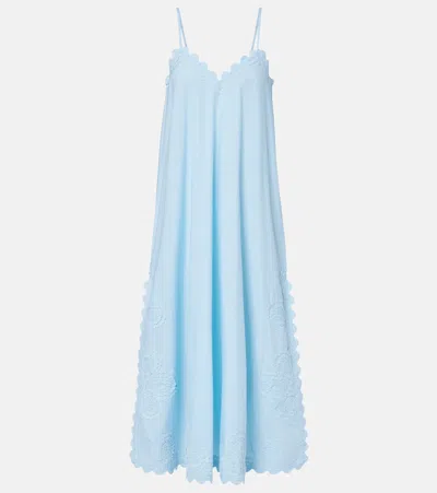 Juliet Dunn Embroidered Scalloped Cotton Midi Dress In Blue