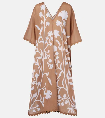 Juliet Dunn Floral Scalloped Cotton Kaftan In Brown