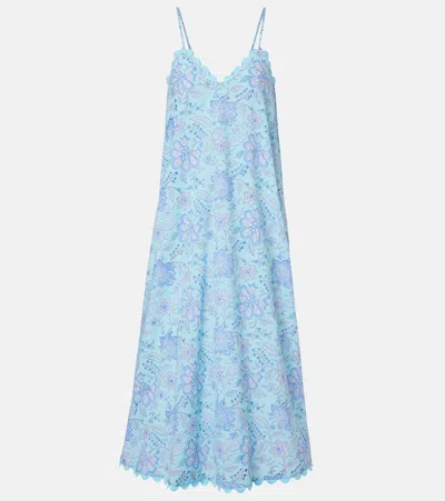 Juliet Dunn Floral Scalloped Cotton Midi Dress In Blue