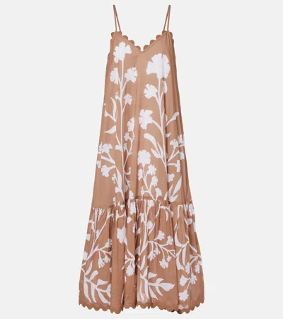 Juliet Dunn Floral Scalloped Cotton Midi Dress In Brown