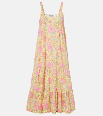 Juliet Dunn Floral Scalloped Cotton Midi Dress In Yellow