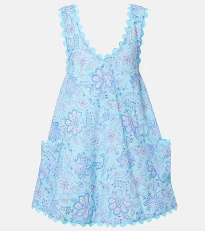 Juliet Dunn Floral Scalloped Cotton Minidress In Blue