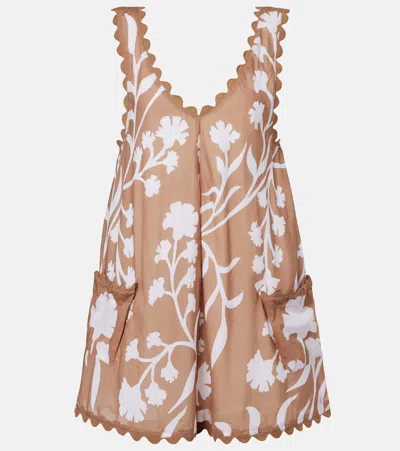 Juliet Dunn Floral Scalloped Cotton Minidress In Brown