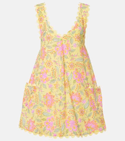 Juliet Dunn Floral Scalloped Cotton Minidress In Yellow