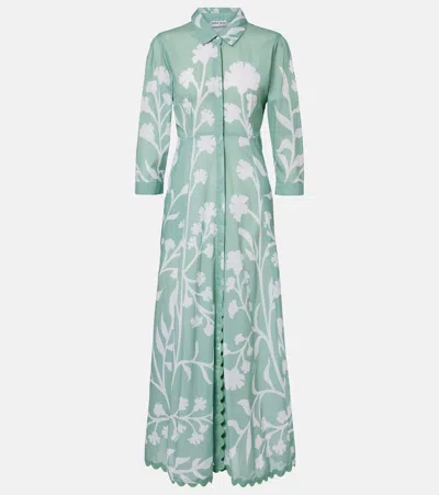 Juliet Dunn Floral Scalloped Cotton Shirt Dress In Green
