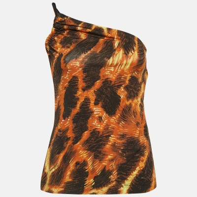 Pre-owned Just Cavalli Brown/orange Print Jersey One Shoulder Top M