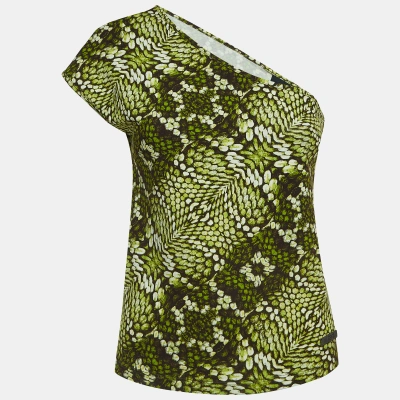 Pre-owned Just Cavalli Green Print Stretch Cotton One Shoulder Top M