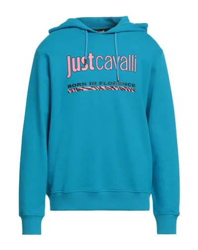 Just Cavalli Man Sweatshirt Azure Size M Cotton In Blue