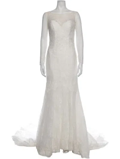 Pre-owned Justin Alexander Lace Pattern Long Dress In Neutrals