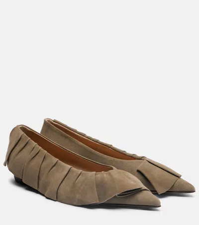 Jw Anderson Ruffled Suede Ballerina Flats In Brown
