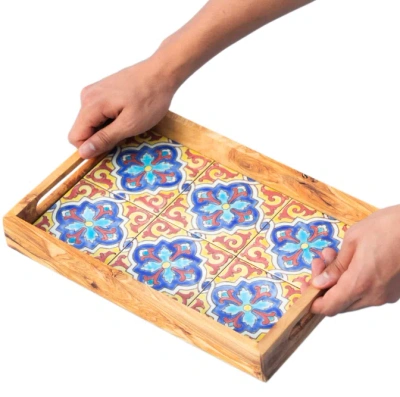 Kamsah Large Olive Wood Serving Tray With Ergonomic Handles, Alhambra Design In Brown