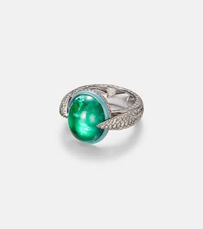 Kamyen 18kt White Gold Ring With Emeralds And Diamonds