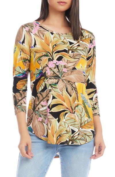 Karen Kane Floral Print Knit Shirttail Top In Yellow Print