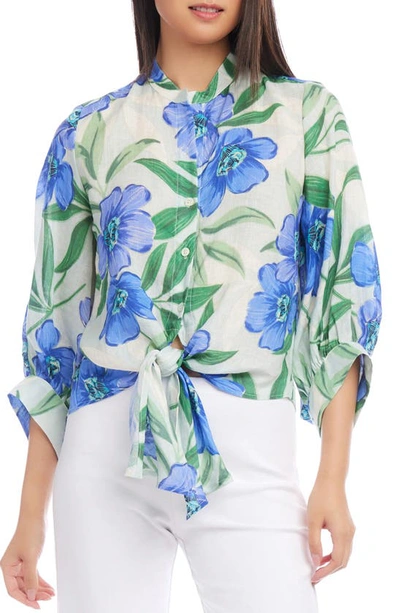 Karen Kane Floral Tie Front Linen Button-up Top