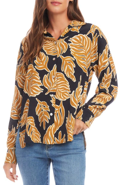 Karen Kane Print Long Sleeve Button Up Shirt In Black Yellow Print