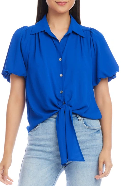 Karen Kane Tie Front Puff Sleeve Button-up Shirt In Blue