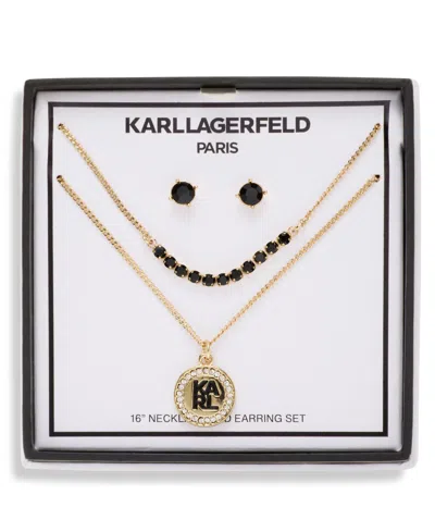 Karl Lagerfeld Crystal Gold-tone Logo Necklace & Earring Set In Black