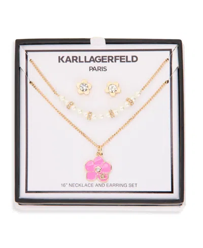 Karl Lagerfeld Gold-tone Pink Flower Necklace And Earring Set