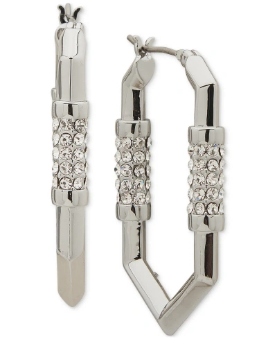 Karl Lagerfeld Medium Pave Geometric Link Hoop Earrings In Silver