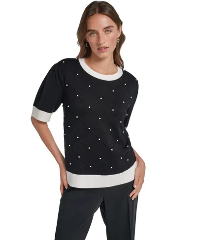 Karl Lagerfeld Women's Pearl Lattice Fitted Crewneck Short-sleeve Sweater In Black,soft White