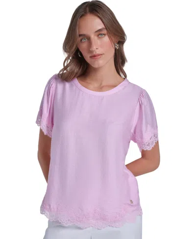 Karl Lagerfeld Women's Petite Lace-trim Short-sleeve Blouse In Purple