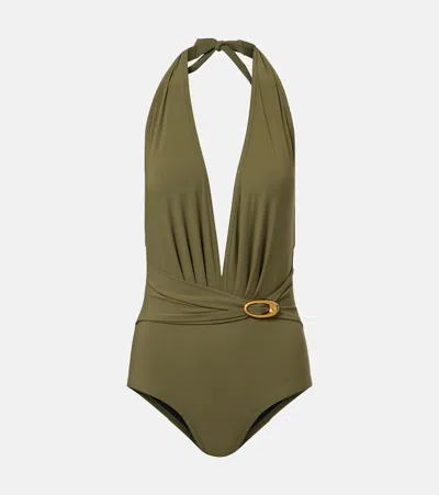 Karla Colletto Solid Embellished Swimsuit In Green