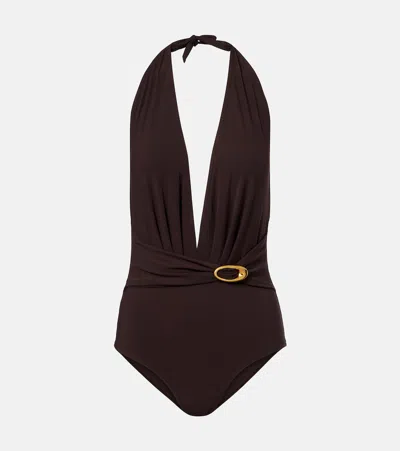 Karla Colletto Solid Halterneck Swimsuit In Brown