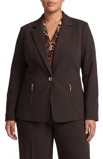 Kasper One-button Blazer With Zip Pockets In Brown