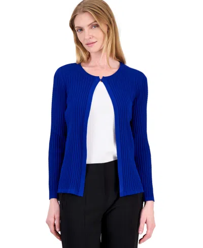 Kasper Petite Kissing Long-sleeve Crewneck Open-front Cardigan Sweater In Blue