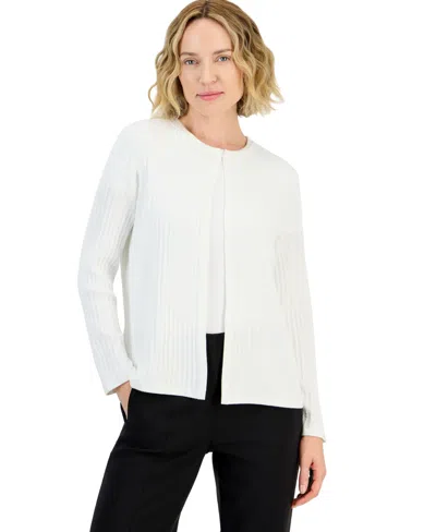 Kasper Petite Kissing Long-sleeve Crewneck Open-front Cardigan Sweater In White