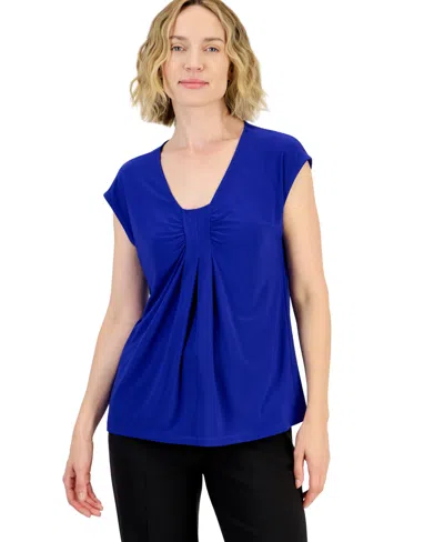 Kasper Petite Knot-front Cap-sleeve Blouse In Blue