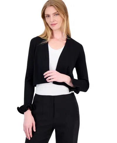 Kasper Petite Open-front Cropped Flared-cuff-sleeve Shrug Cardigan Sweater In Black