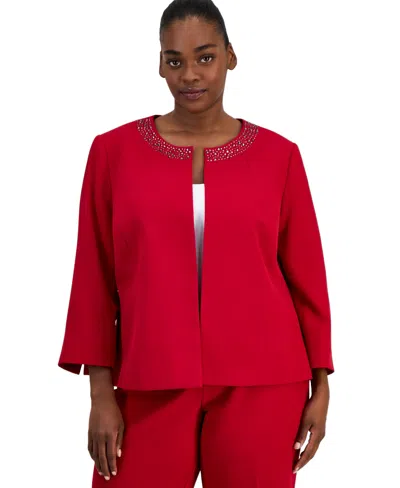 Kasper Plus Size Collarless Embellished 3/4-sleeve Cardigan In Red