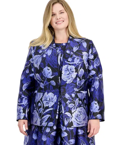 Kasper Plus Size Kissing Front Floral-print Collarless Jacket In Royal Signature Multi