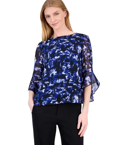 Kasper Women's Boat Neck 3/4-sleeve Tiered-ruffle Blouse In Blue