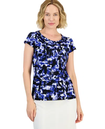 Kasper Women's Brushstroke Print Cowl Neck Blouse In Blue