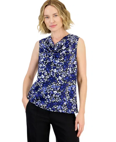 Kasper Women's Cowl Neck Satin Floral Blouse In Blue