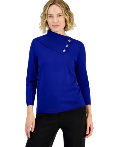 Kasper Women's Split-neck 3/4-sleeve Pullover Sweater In Blue