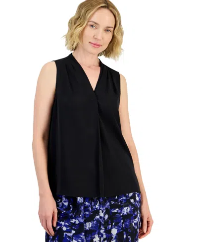Kasper Women's V-neck Sleeveless Pleated Blouse In Black