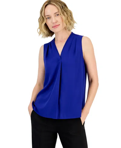 Kasper Women's V-neck Sleeveless Pleated Blouse In Blue