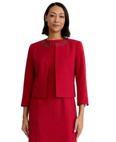 Kasper Womens Crepe Embellished Collarless Cardigan Jacket In Red