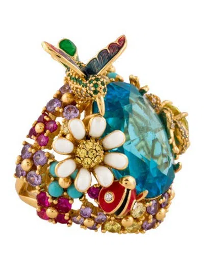Pre-owned Kate Spade Crystal & Enamel Nature Walk Cocktail Ring In Black/blue/clear