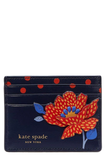 Kate Spade Dottie Bloom Flower Appliqué Leather Card Holder In Parisian Navy Multi