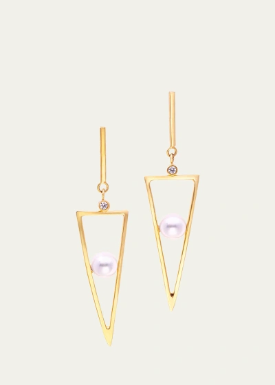 Katey Walker 18k Yellow Gold Triangle Drop Hoop Earrings With White Diamonds And Freshwater Pearls