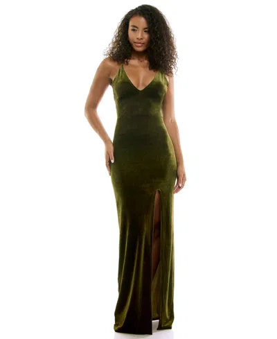Katia Rae Juniors' Velvet Maxi Front-slit Dress In Olive