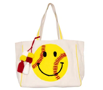 Katydid Women's Softball Oversized Happy Face Canvas Tote Bag In Ecru/yellow