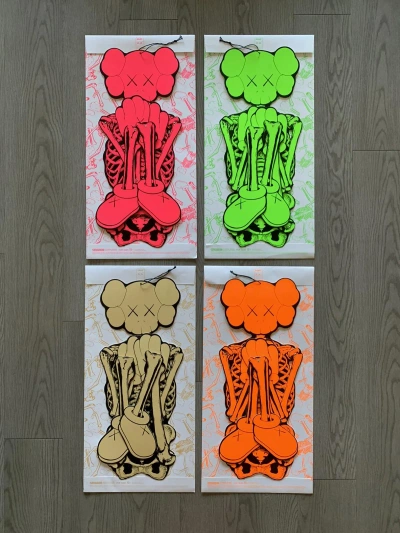 Pre-owned Kaws X Original Fake Kaws Skeleton Board Cutout Ornament Set Hanging Halloween 21 In Green Pink Orange Bone